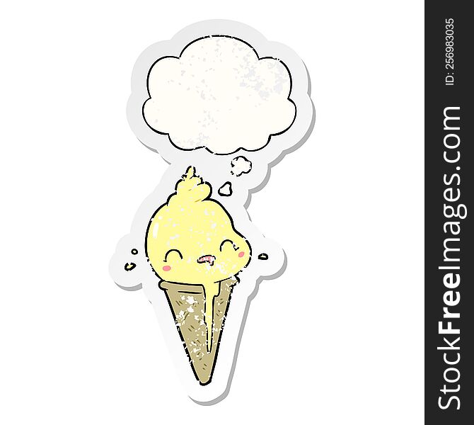 Cute Cartoon Ice Cream And Thought Bubble As A Distressed Worn Sticker