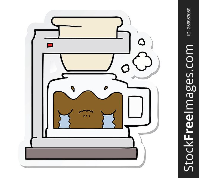 sticker of a cartoon crying filter coffee machine