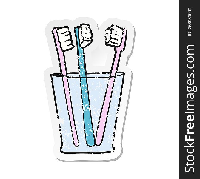 retro distressed sticker of a cartoon glass and toothbrushes