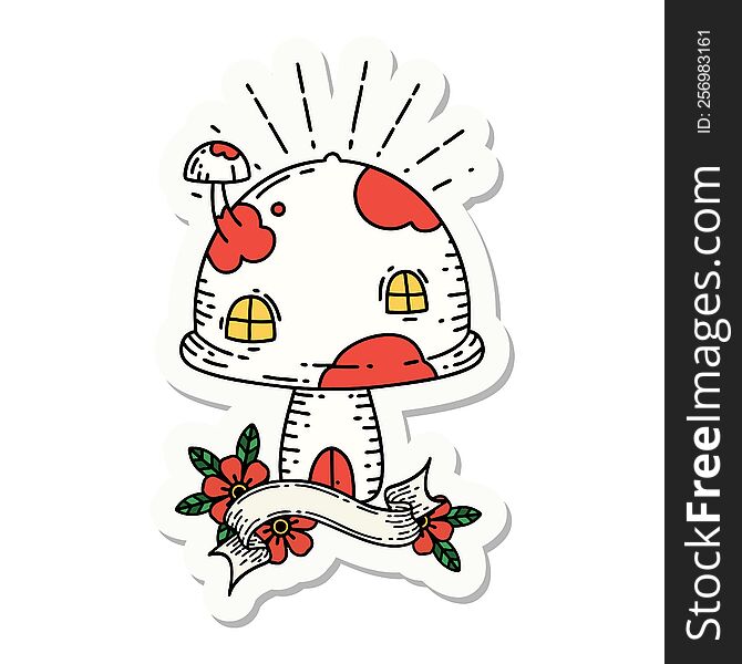 sticker of a tattoo style toadstool house