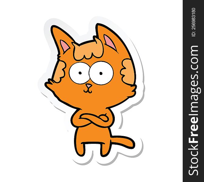 sticker of a happy cartoon cat with crossed arms