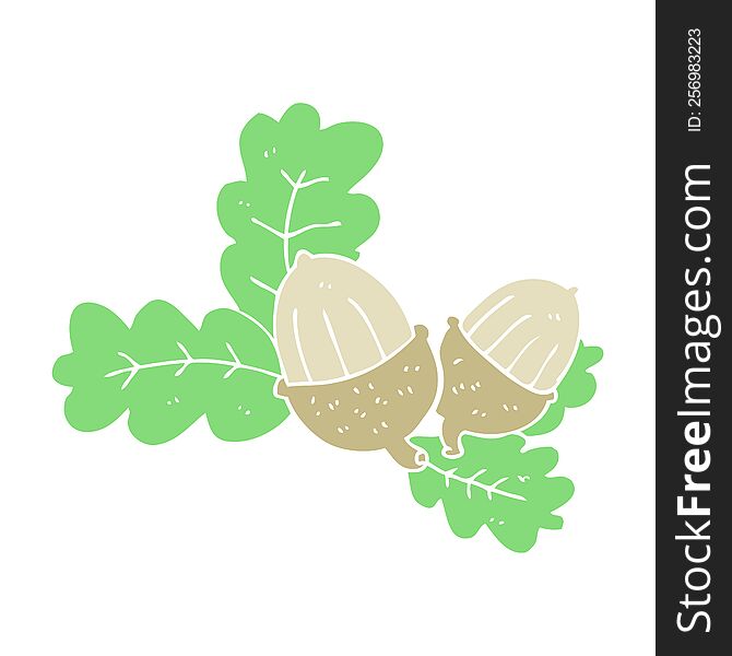 Flat Color Illustration Of A Cartoon Acorns And Leaves