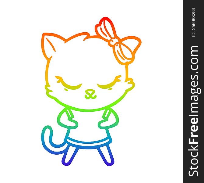 Rainbow Gradient Line Drawing Cute Cartoon Cat With Bow