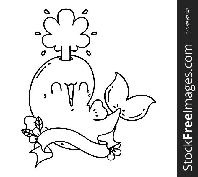 scroll banner with black line work tattoo style happy squirting whale character