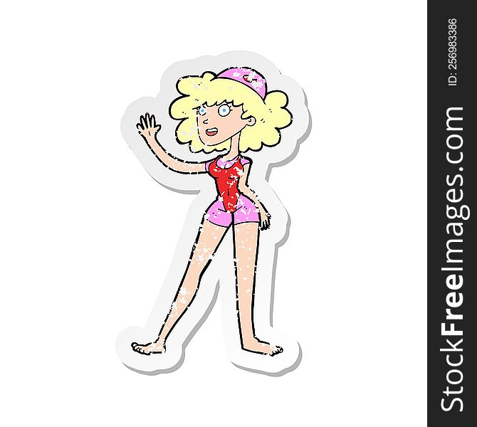 Retro Distressed Sticker Of A Cartoon Swimmer Woman