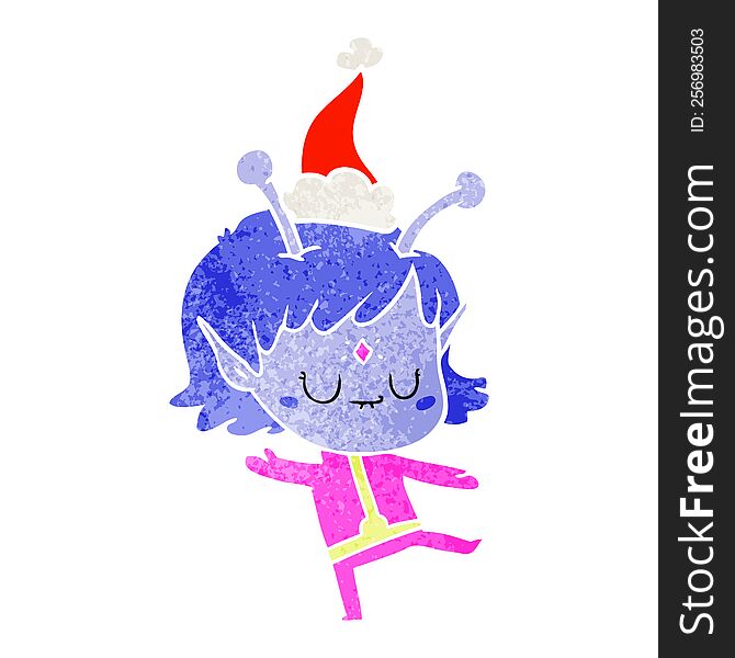 hand drawn retro cartoon of a alien girl wearing santa hat