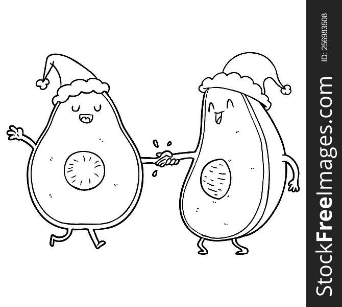 Line Drawing Of A Dancing Avocados Wearing Santa Hat