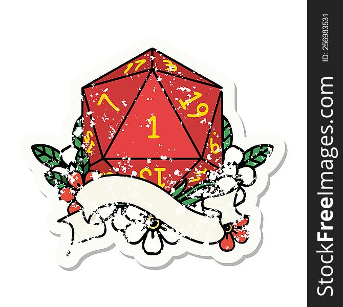 natural one d20 dice roll grunge sticker