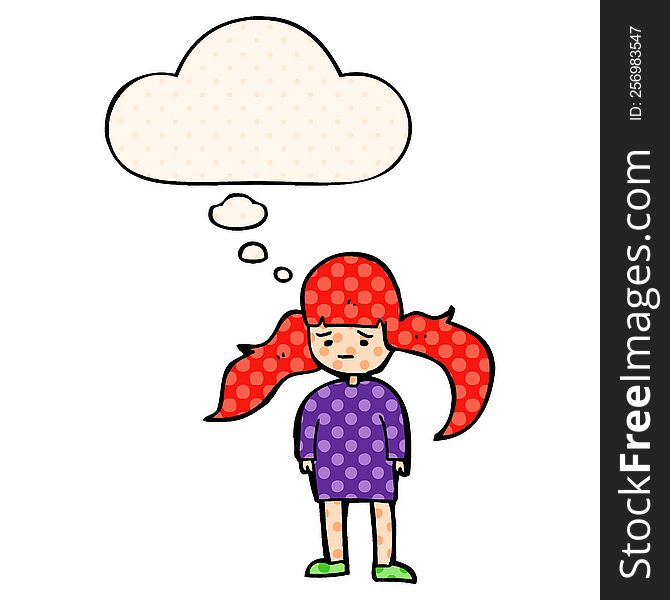 cartoon girl with long hair with thought bubble in comic book style