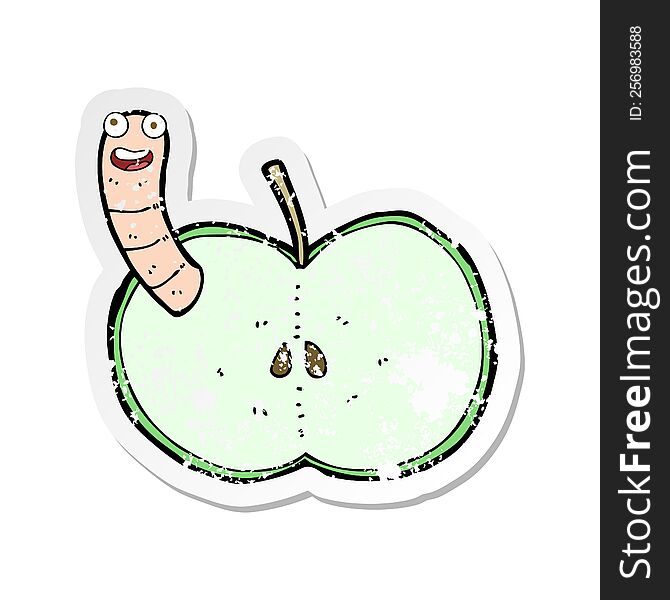 Retro Distressed Sticker Of A Cartoon Apple With Worm