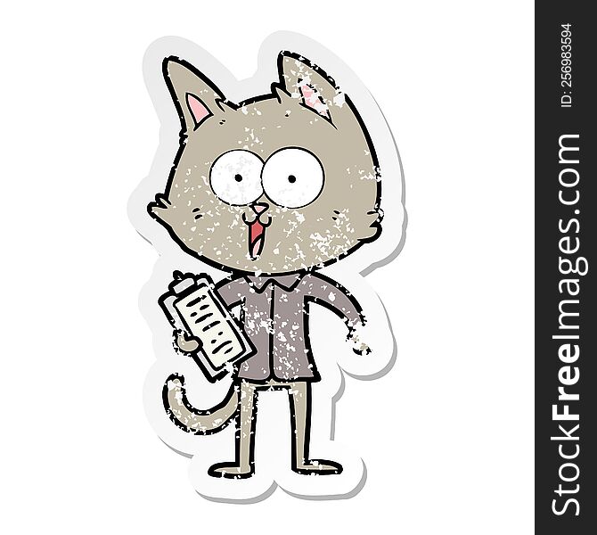distressed sticker of a funny cartoon cat wearing shirt and tie