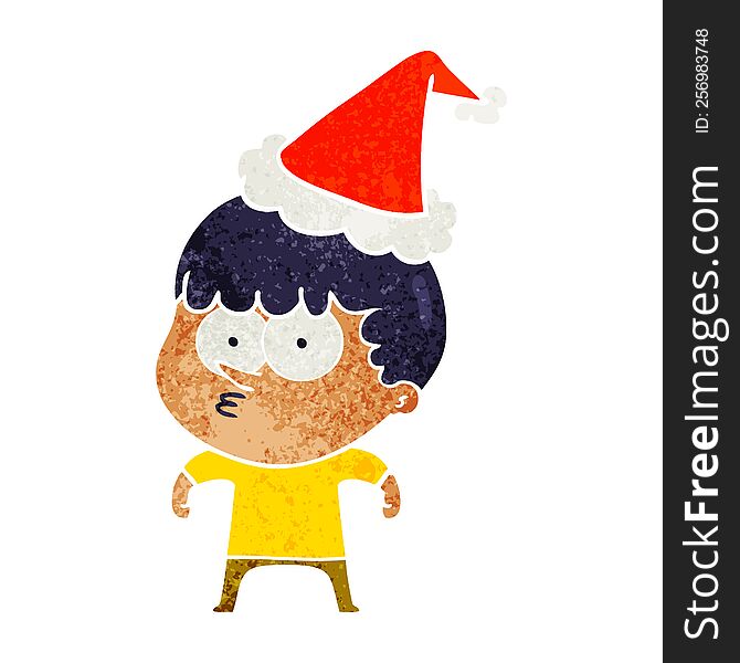hand drawn retro cartoon of a curious boy wearing santa hat