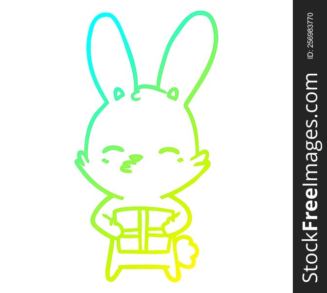 cold gradient line drawing of a curious bunny cartoon with present