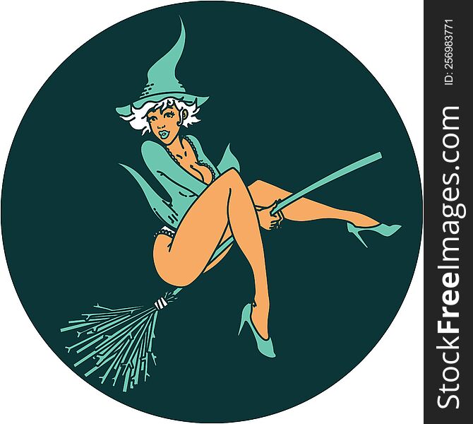 tattoo in traditional style of a pinup witch. tattoo in traditional style of a pinup witch