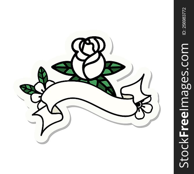 tattoo style sticker with banner of a single rose
