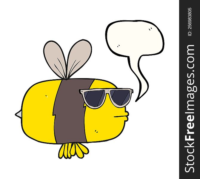 freehand drawn speech bubble cartoon bee wearing sunglasses