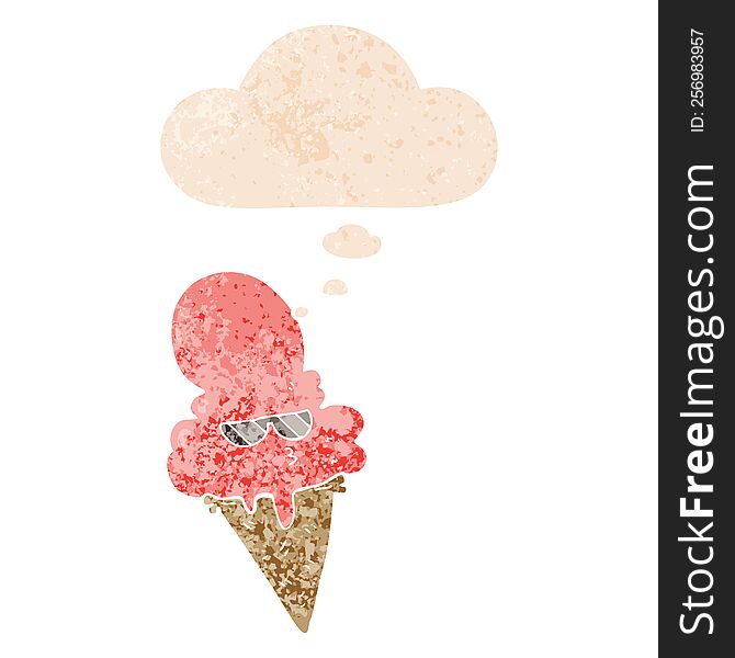 Cartoon Cool Ice Cream And Thought Bubble In Retro Textured Style