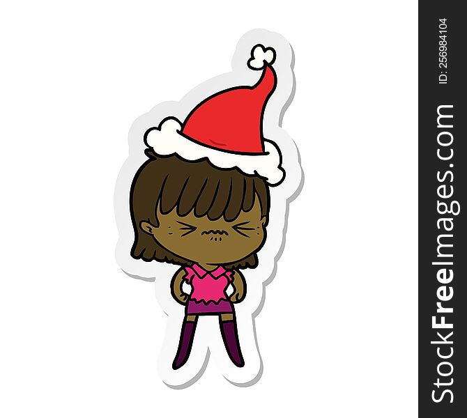 annoyed hand drawn sticker cartoon of a girl wearing santa hat. annoyed hand drawn sticker cartoon of a girl wearing santa hat