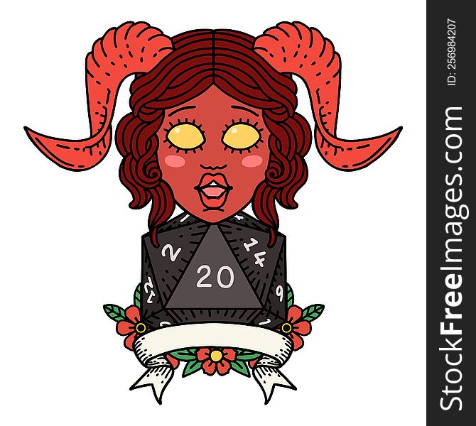 Retro Tattoo Style happy tiefling with natural 20. Retro Tattoo Style happy tiefling with natural 20