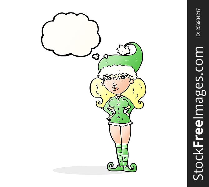 cartoon santa s helper woman with thought bubble