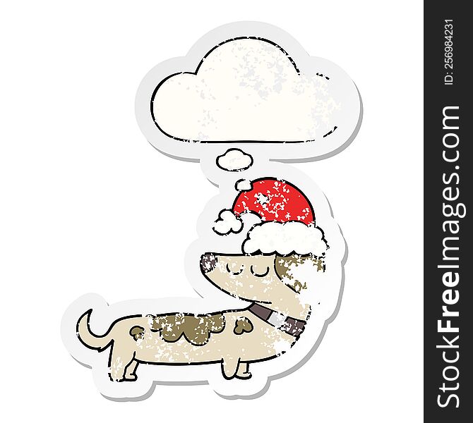 Cartoon Dog Wearing Christmas Hat And Thought Bubble As A Distressed Worn Sticker