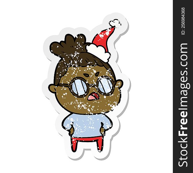 Distressed Sticker Cartoon Of A Annoyed Woman Wearing Santa Hat