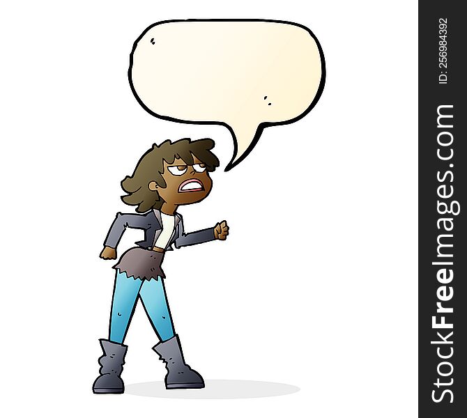 cartoon angry biker girl with speech bubble