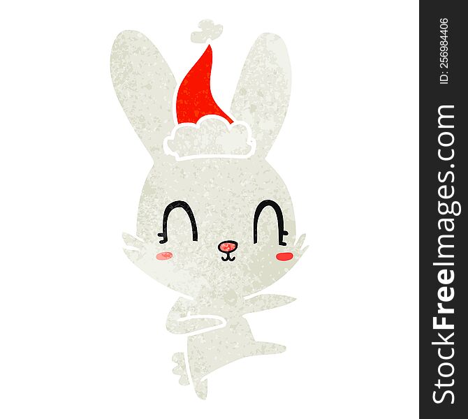 Cute Retro Cartoon Of A Rabbit Dancing Wearing Santa Hat