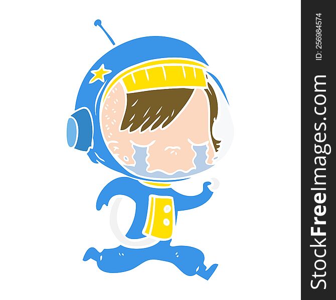 Flat Color Style Cartoon Crying Astronaut Girl Running