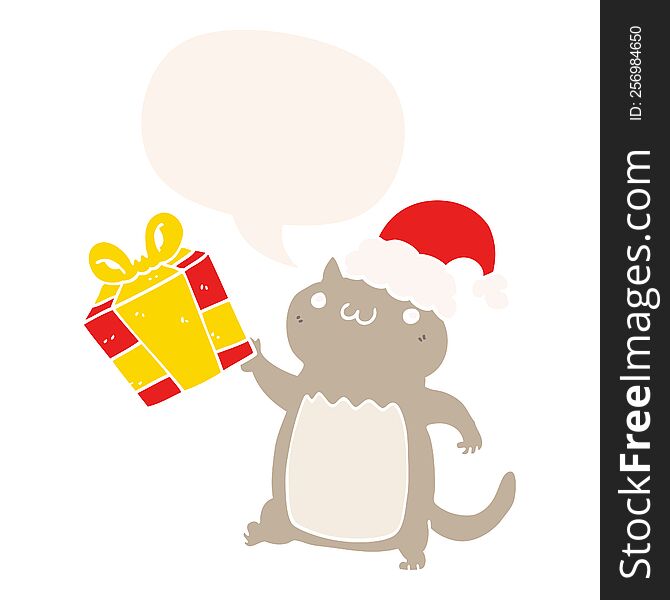 cute cartoon christmas cat with speech bubble in retro style