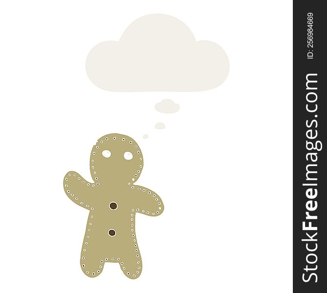 cartoon gingerbread man with thought bubble in retro style