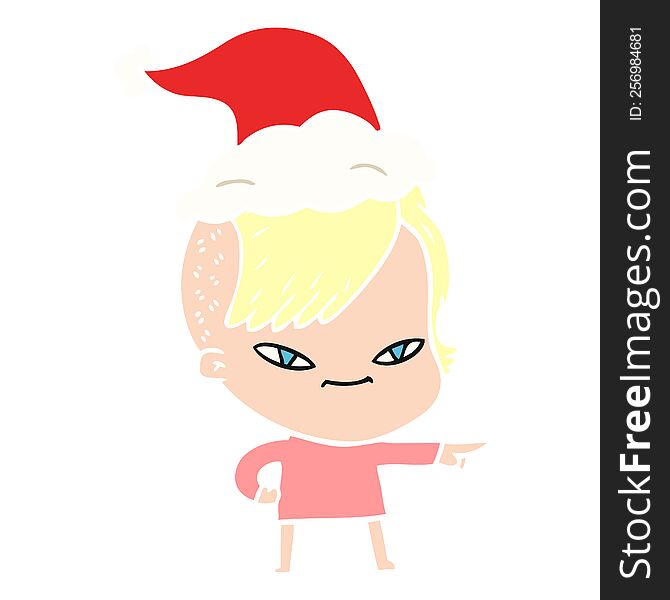 cute hand drawn flat color illustration of a girl with hipster haircut wearing santa hat
