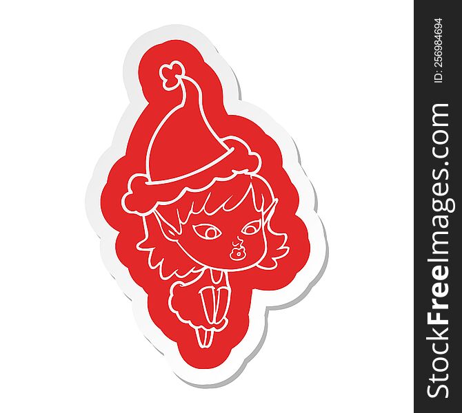 Pretty Cartoon  Sticker Of A Elf Girl Wearing Santa Hat