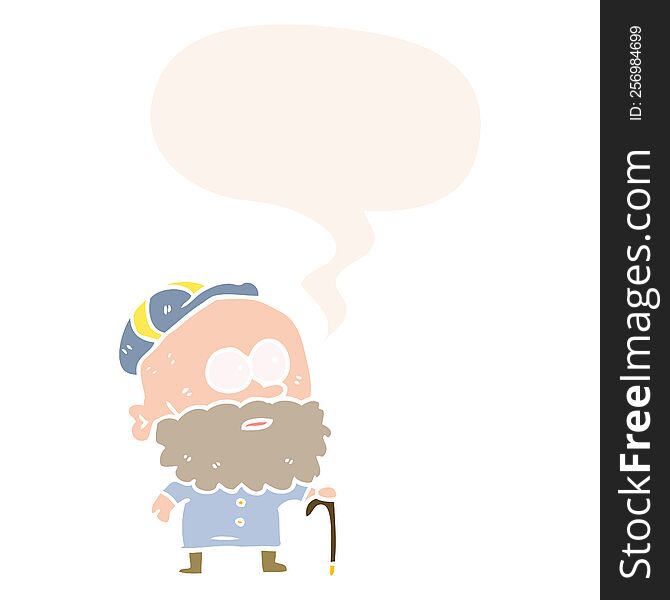 Old Cartoon Man And Walking Stick And Flat Cap And Speech Bubble In Retro Style