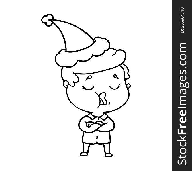 hand drawn line drawing of a man talking wearing santa hat