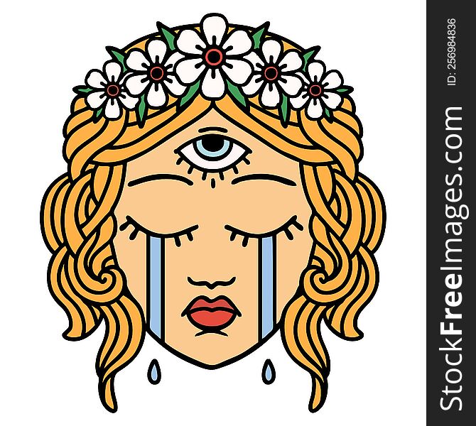 tattoo in traditional style of female face with mystic third eye crying. tattoo in traditional style of female face with mystic third eye crying