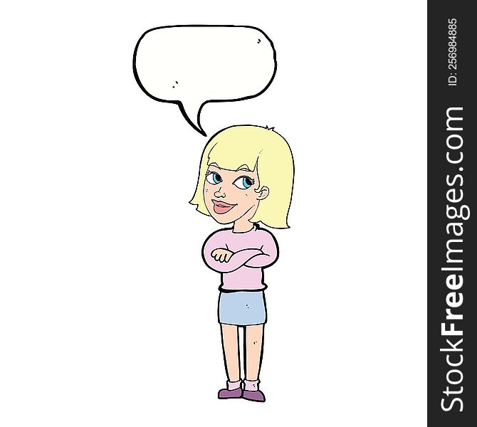 Cartoon Happy Woman Looking Over With Speech Bubble