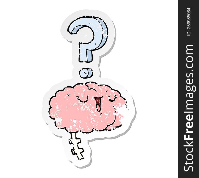 distressed sticker of a cartoon curious brain