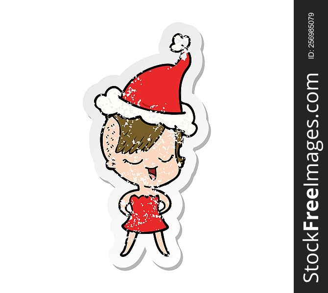 happy distressed sticker cartoon of a girl in cocktail dress wearing santa hat
