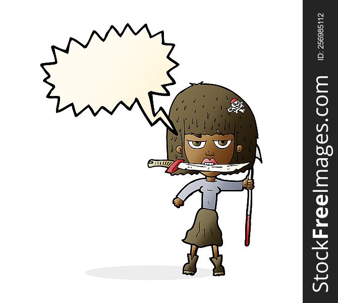 cartoon woman with knife and harpoon with speech bubble