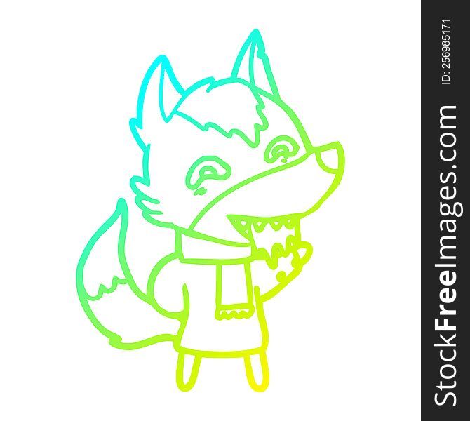 cold gradient line drawing cartoon hungry wolf in winter clothes