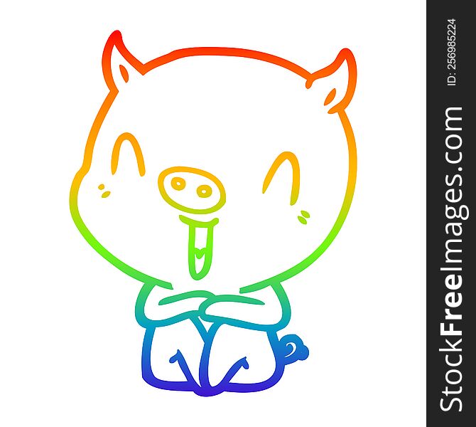 Rainbow Gradient Line Drawing Happy Cartoon Sitting Pig