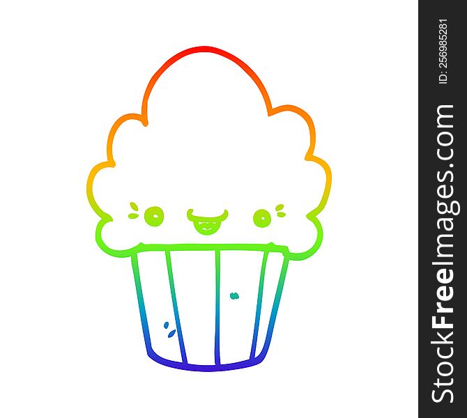 Rainbow Gradient Line Drawing Cartoon Cupcake With Face