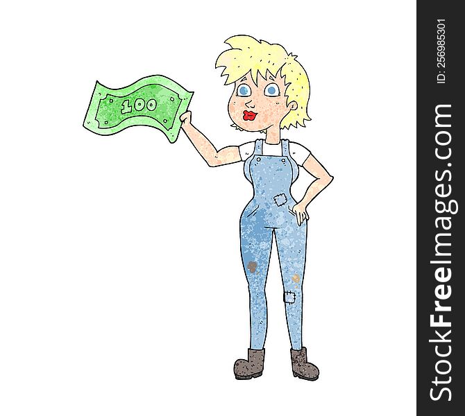 freehand textured cartoon confident farmer woman with money