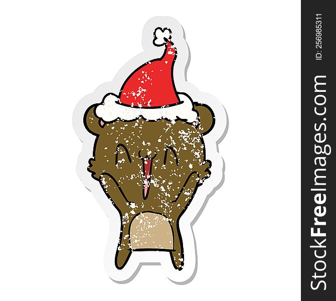 happy bear hand drawn distressed sticker cartoon of a wearing santa hat. happy bear hand drawn distressed sticker cartoon of a wearing santa hat