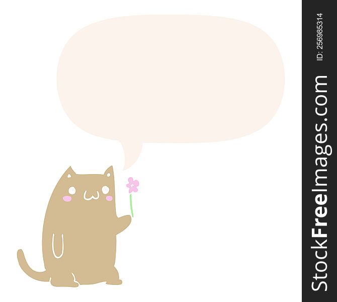 Cute Cartoon Cat And Flower And Speech Bubble In Retro Style