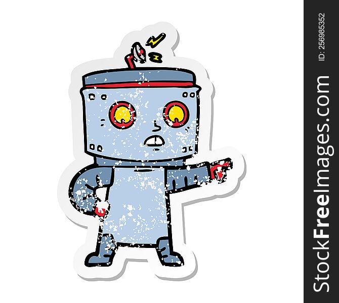 Distressed Sticker Of A Cartoon Robot Pointing