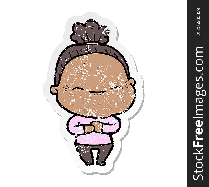 Distressed Sticker Of A Cartoon Peaceful Old Woman