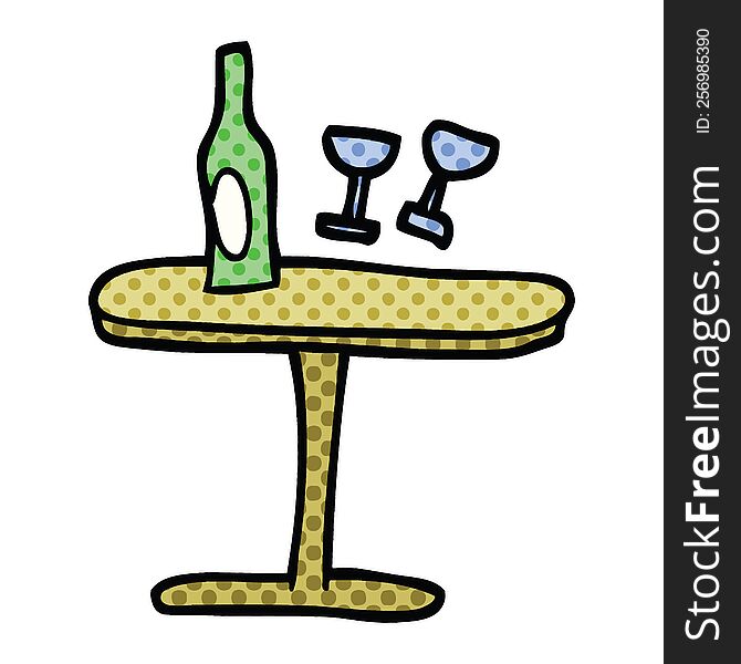 comic book style cartoon table with bottle and glasses