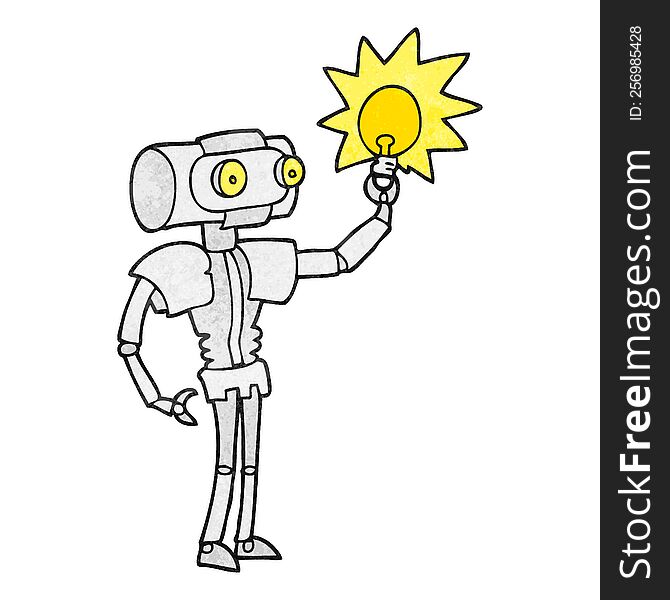 freehand textured cartoon robot with light bulb
